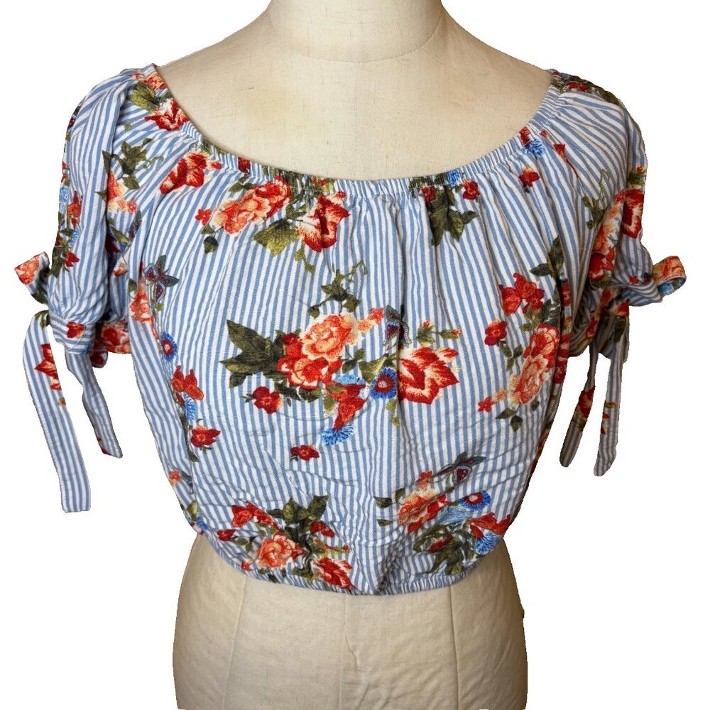 Forever 21 Striped Floral Puff Sleeve Crop Top Size Medium Blue White #156